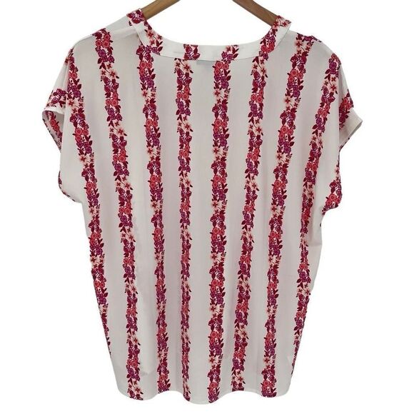 Ann Taylor V-Neck Blouse Short Cap Sleeve Floral Women Small Cream Red 607190 - Picture 2 of 5